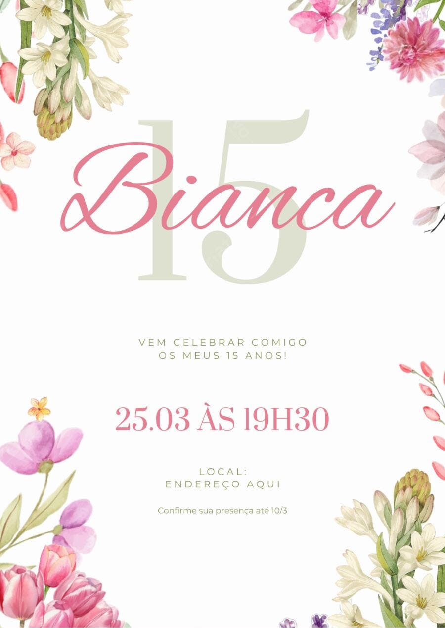 Convite Debutante 15 Anos Floral Aquarela Rosa Editável