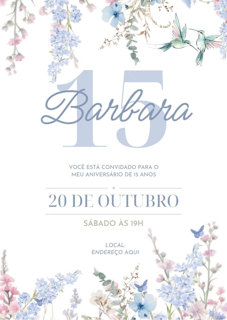 Convite Debutante Floral Azul Rosa 15 Anos Editável