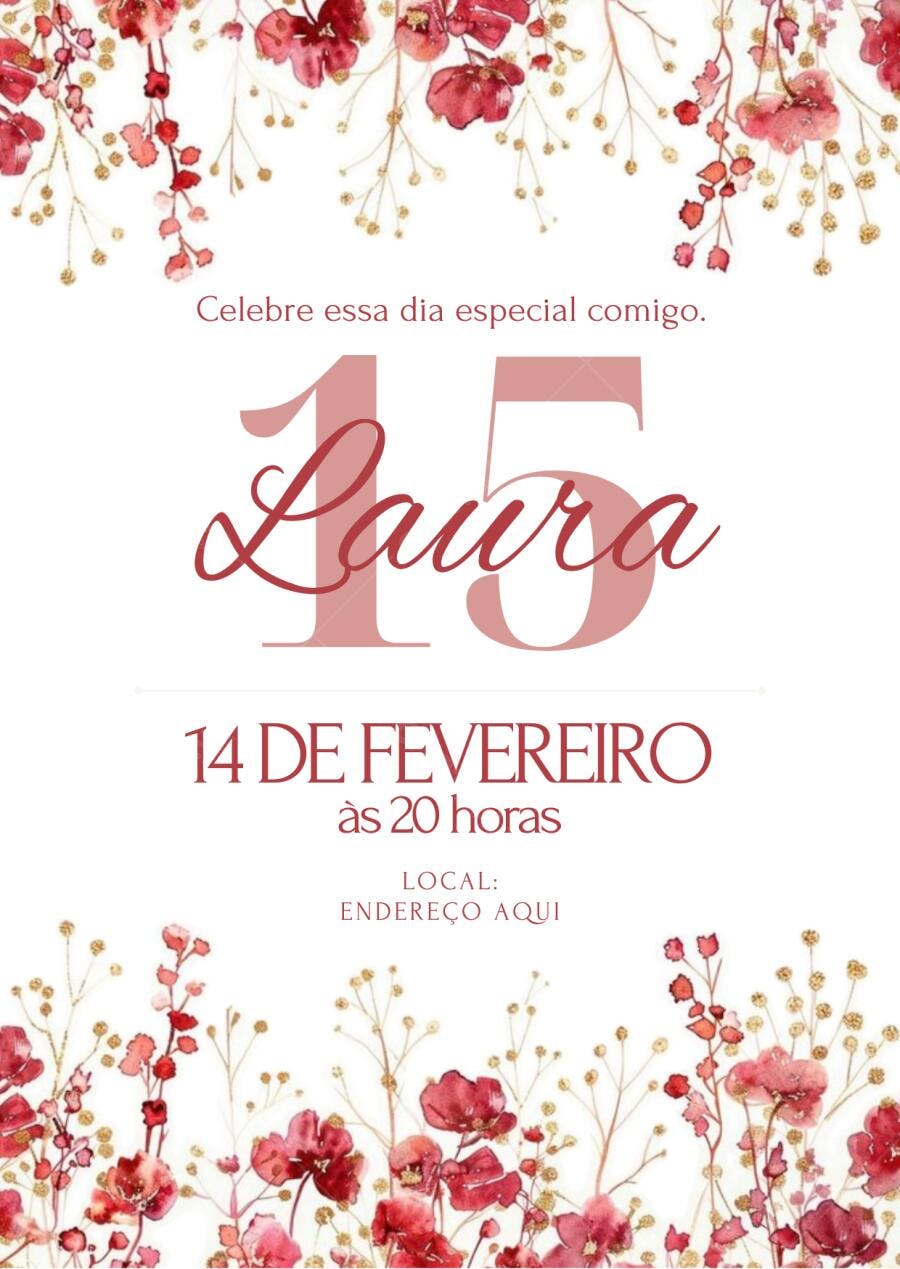 Convite Debutante 15 Anos Floral Vermelho Editável
