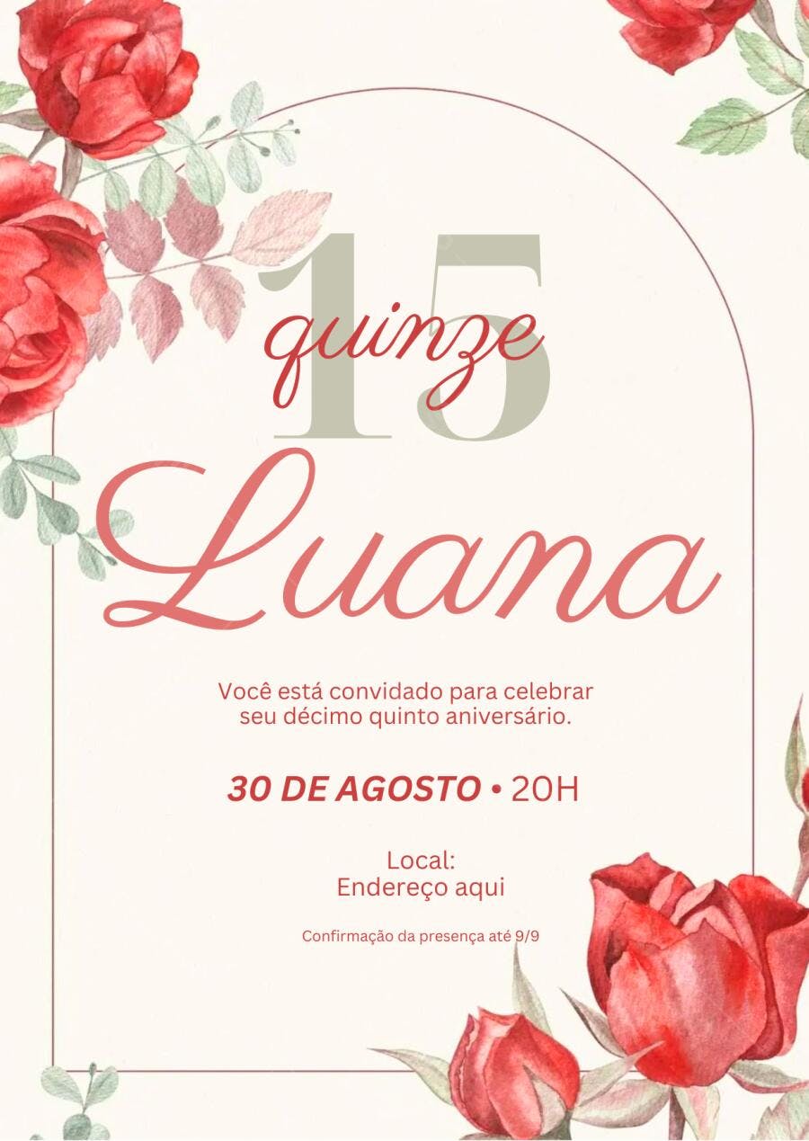Convite Debutante 15 Anos Floral Rosas Vermelhas Editável