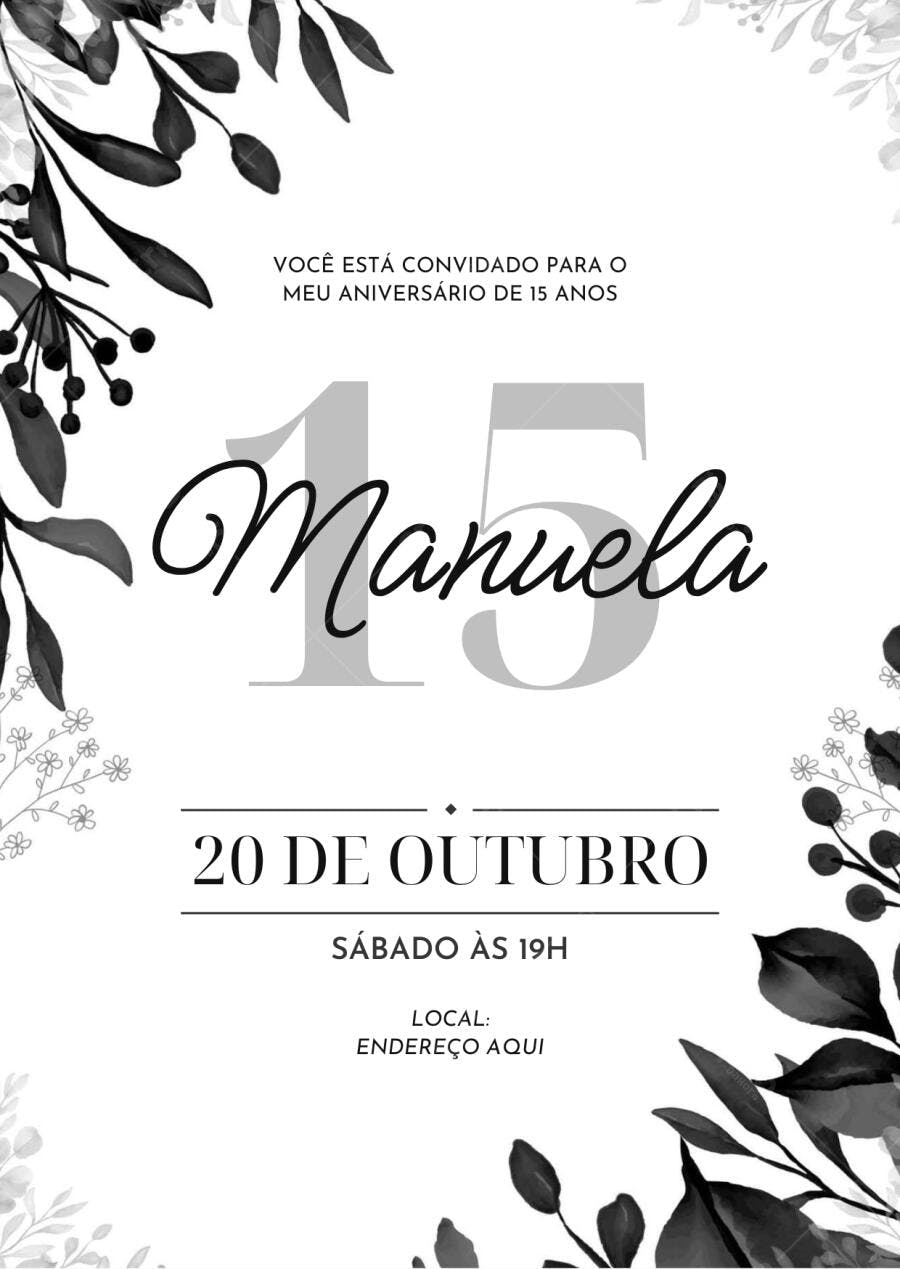 Convite Debutante 15 Anos Floral Preto e Branco Editável