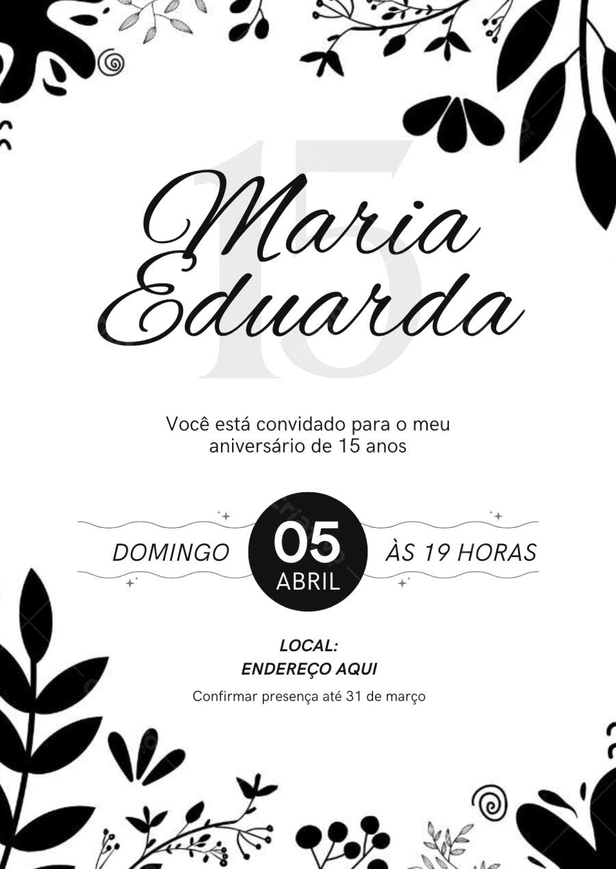 Convite Debutante 15 Anos Floral Minimalista Preto e Branco Editável