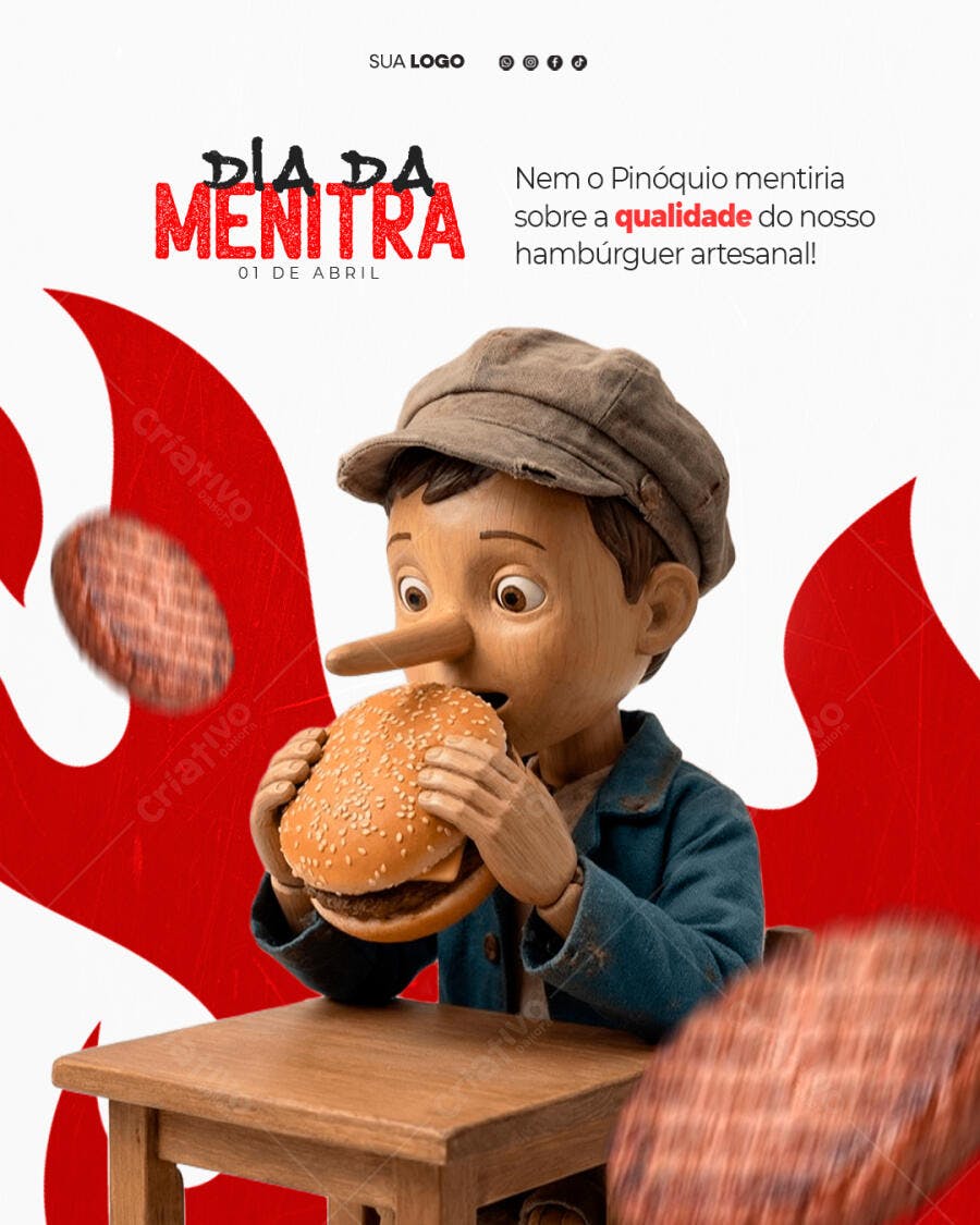 Post Instagram Dia da Mentira Hamburgueria PSD Editável