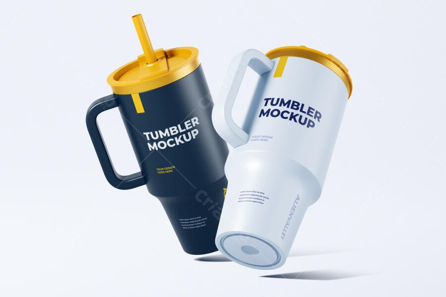 Mockup Caneca Térmica Tumbler Alça e Tampa Frontal Editável