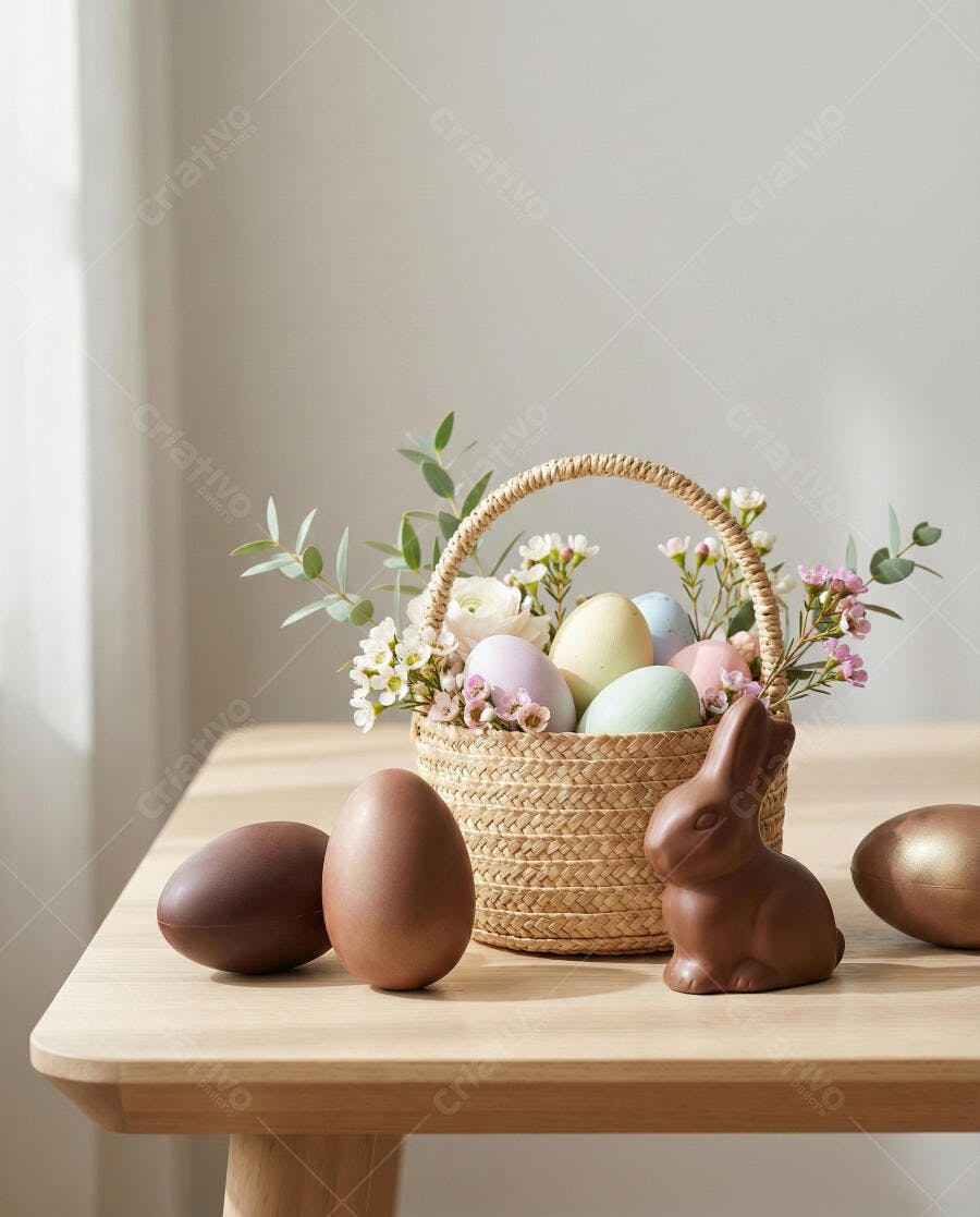 Foto Cesta de Páscoa Ovos Coloridos Coelhinho Chocolate