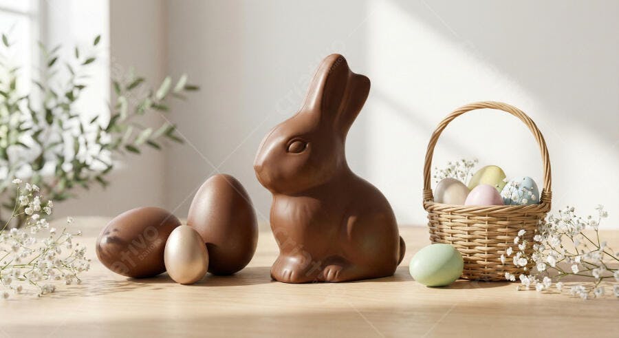 Foto Coelho de Chocolate Páscoa Ovos Coloridos Cesta