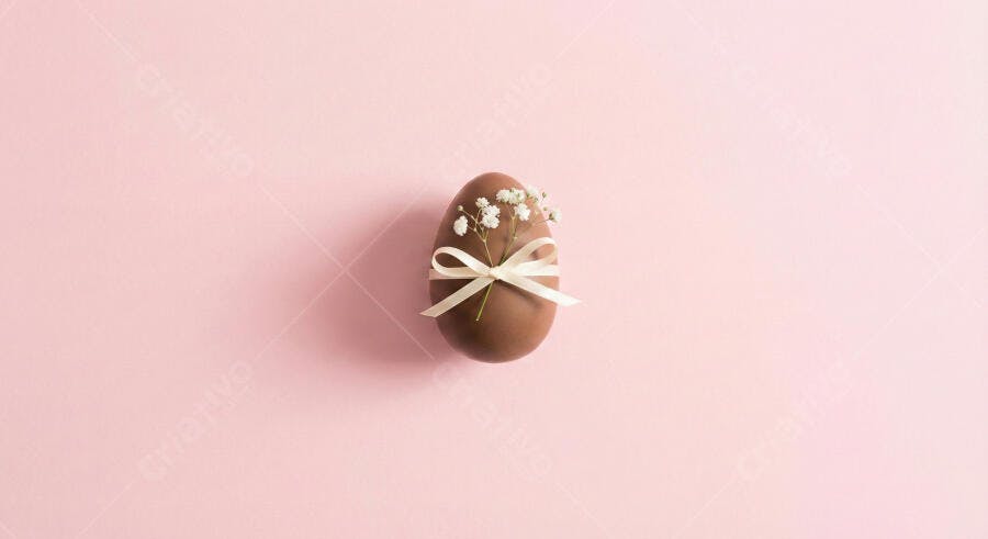 Foto Ovo de Páscoa Chocolate Fita Laço Rosa Fundo Rosa Claro