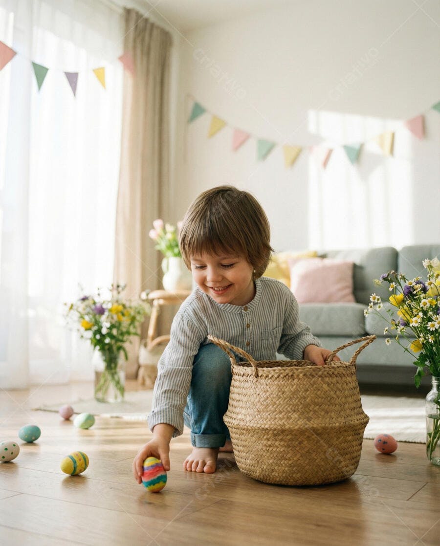 Foto Criança Feliz Brincando Caça aos Ovos de Páscoa