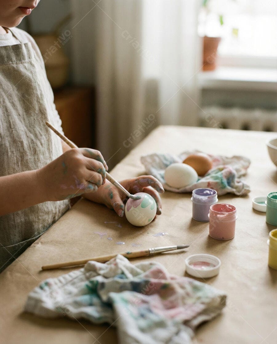 Foto Criança Pintando Ovos de Páscoa na Mesa com Tintas