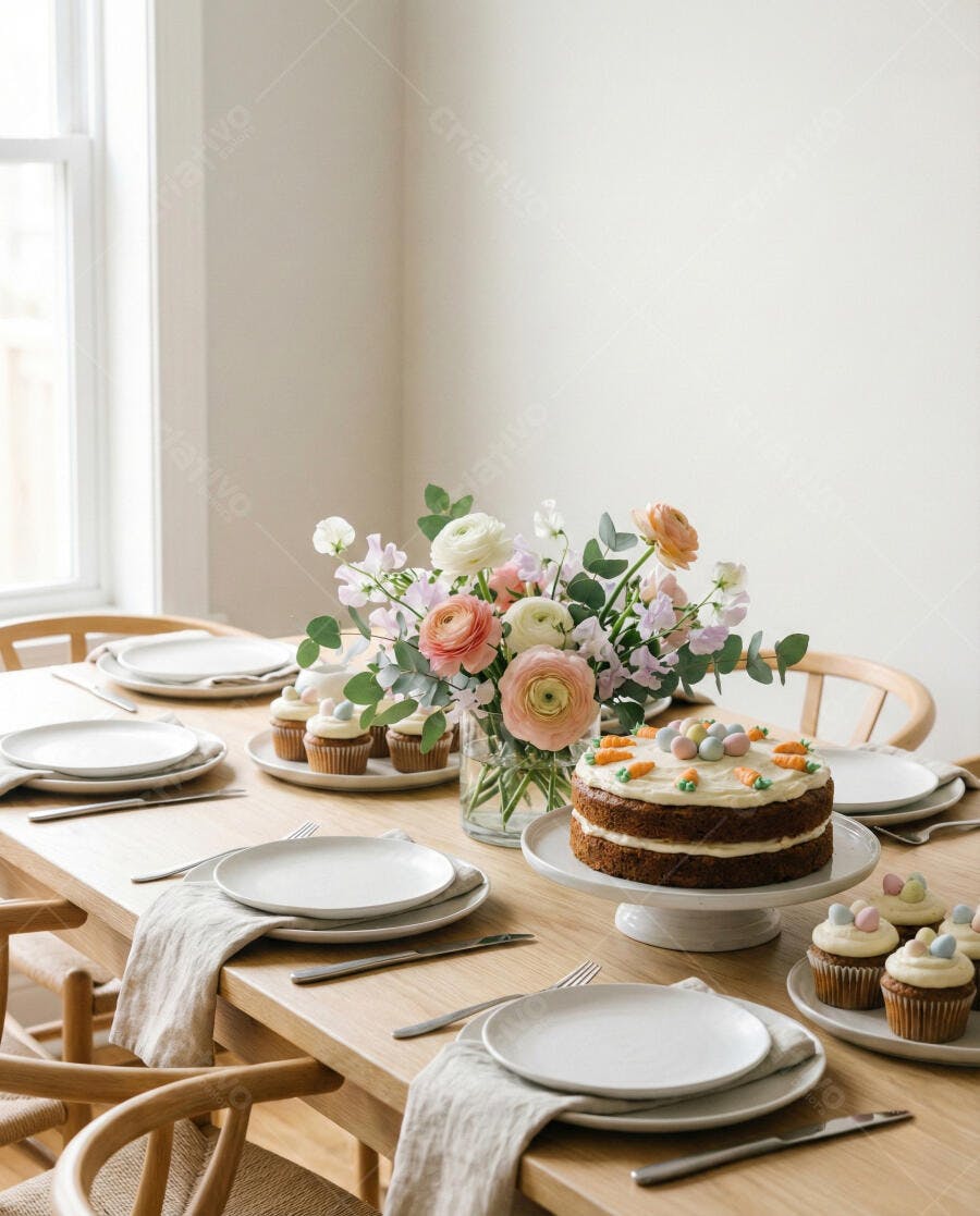 Foto Mesa de Páscoa Decorada Bolo Cenoura e Flores