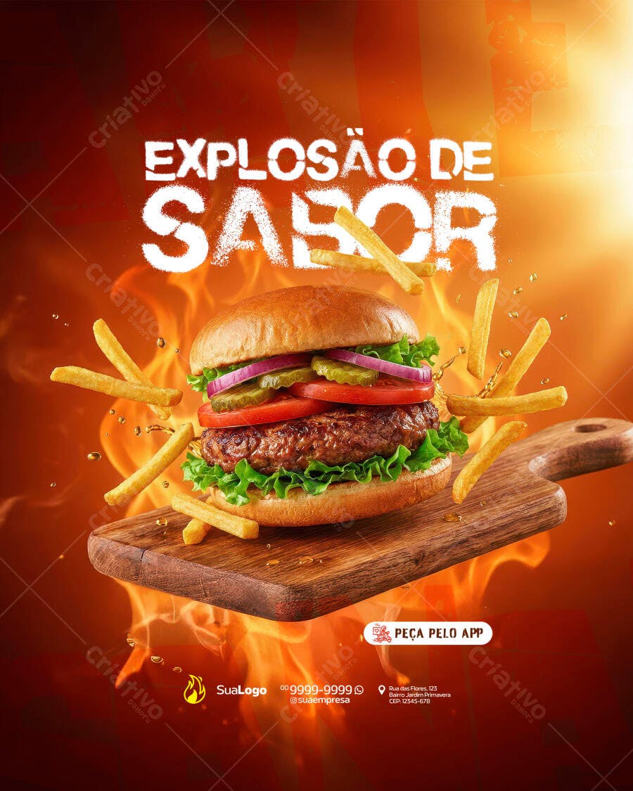 Post Instagram Hamburgueria Explosão Sabor PSD Editável