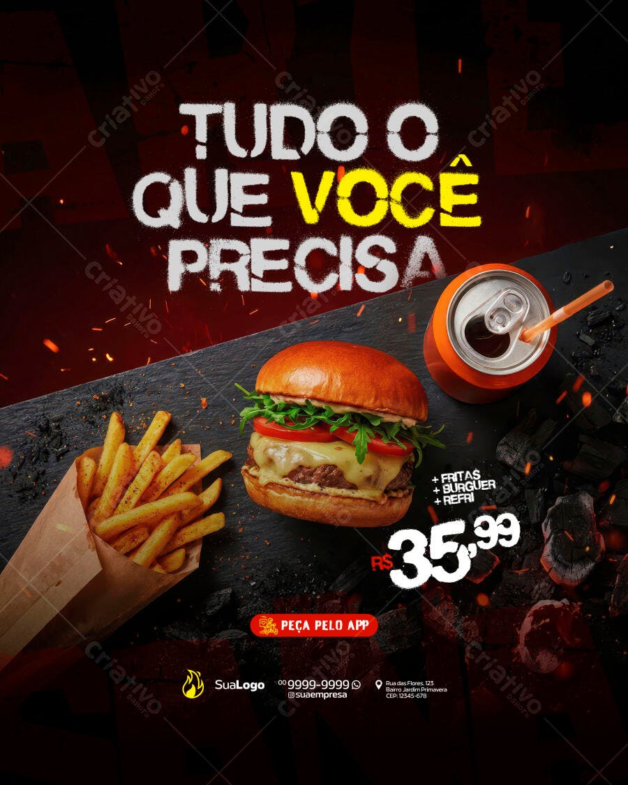 Post Instagram Hamburgueria Combo Lanche PSD Editável