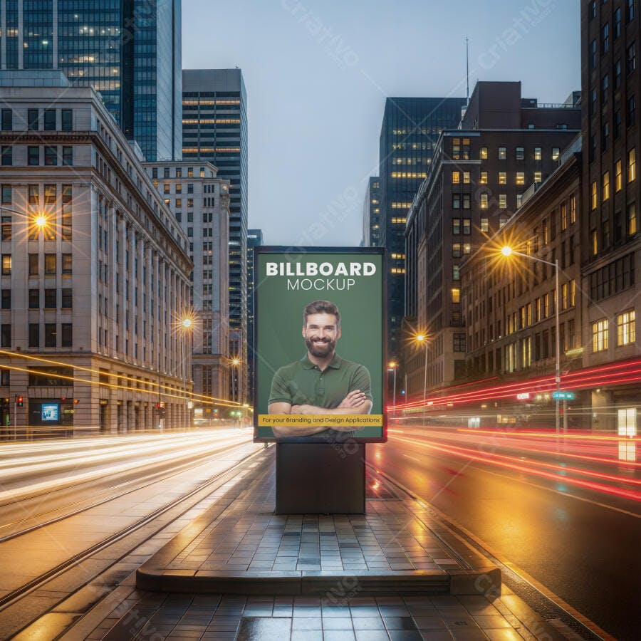 Mockup Outdoor Billboard Cidade Noturna Luzes Editável