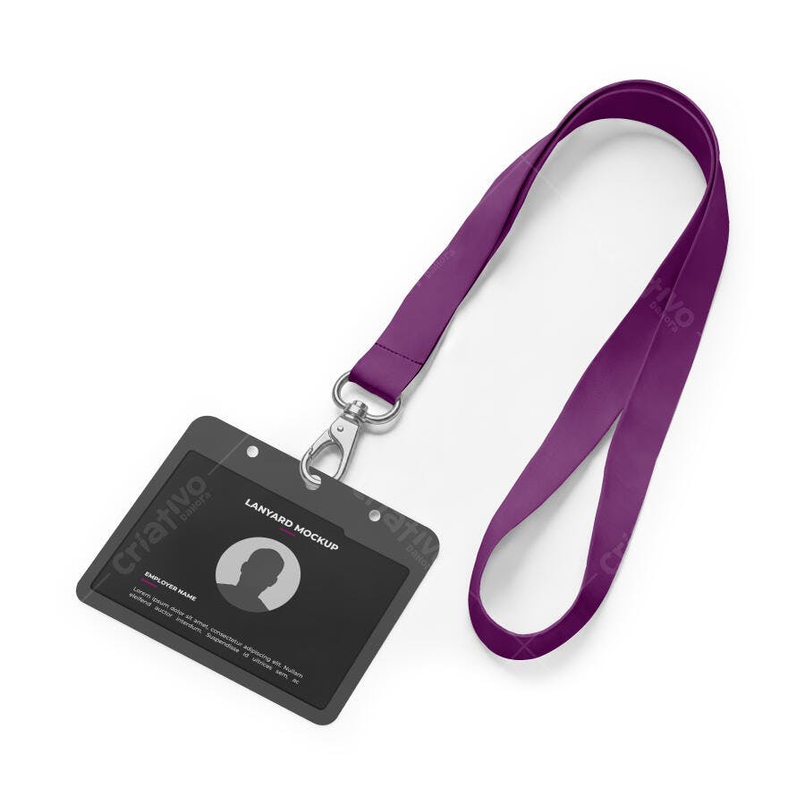 Mockup Crachá Lanyard Roxo Vista Superior Fundo Branco Editável