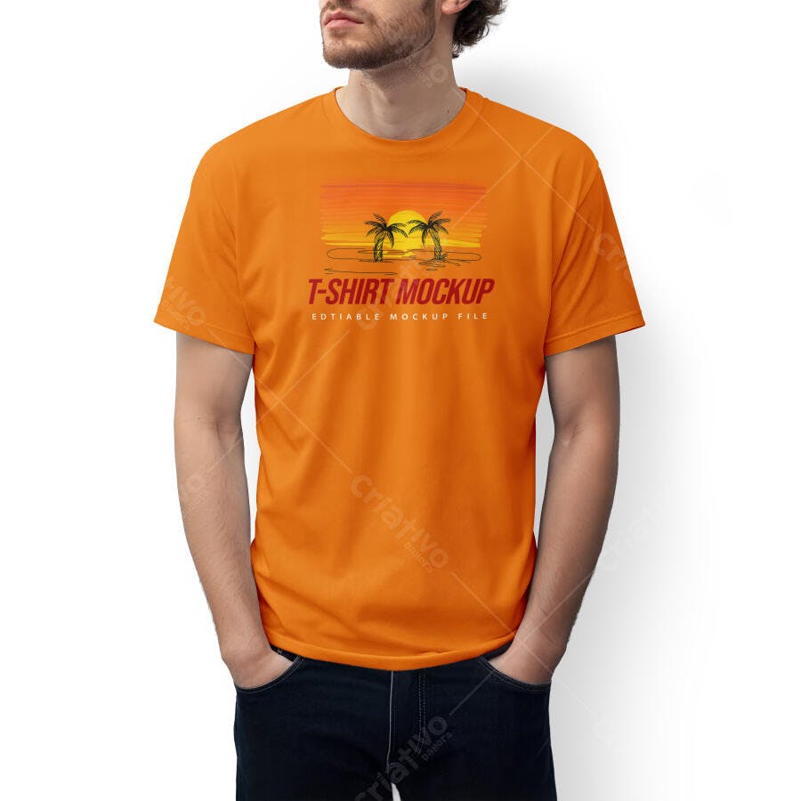 Mockup Camiseta Masculina Laranja Frente Realista Editável