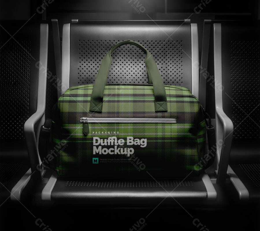 Mockup Bolsa Duffle Bag Viagem Banco Escuro Editável