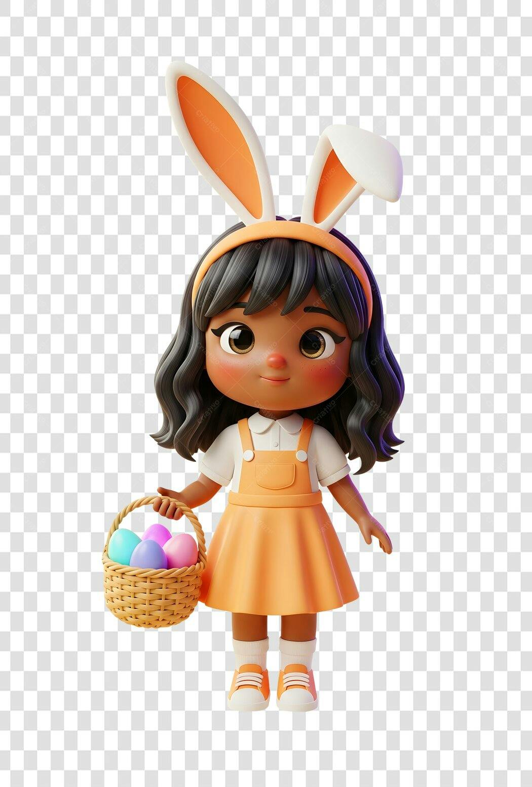 Personagem 3D Menina Páscoa Abril Cesta Ovos PNG Fundo Transparente