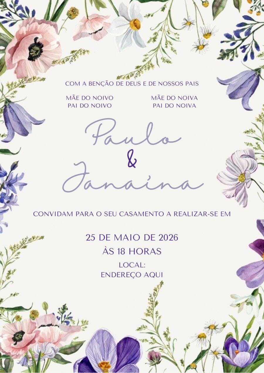 Convite Casamento Floral Aquarela Roxo Rosa Editável