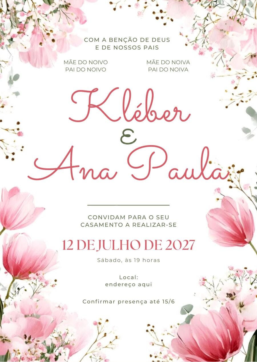 Convite Casamento Floral Rosa Romântico Editável