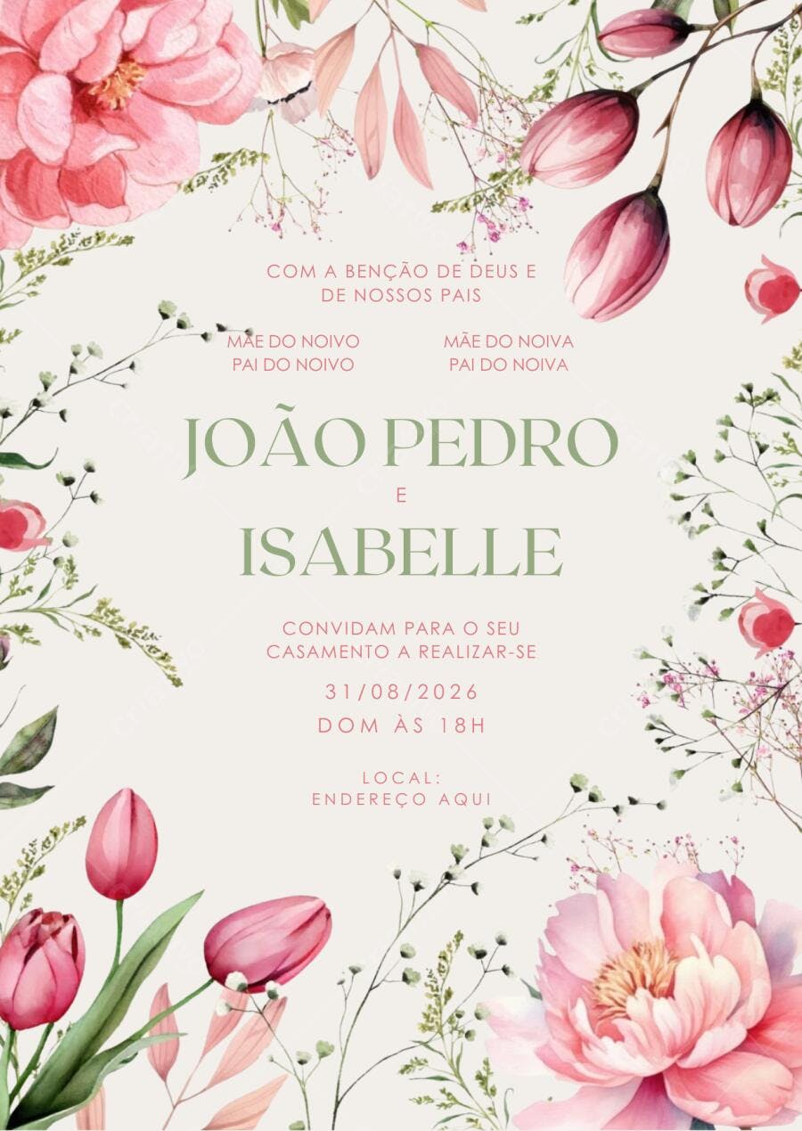 Convite Casamento Floral Rosa Botânico Editável