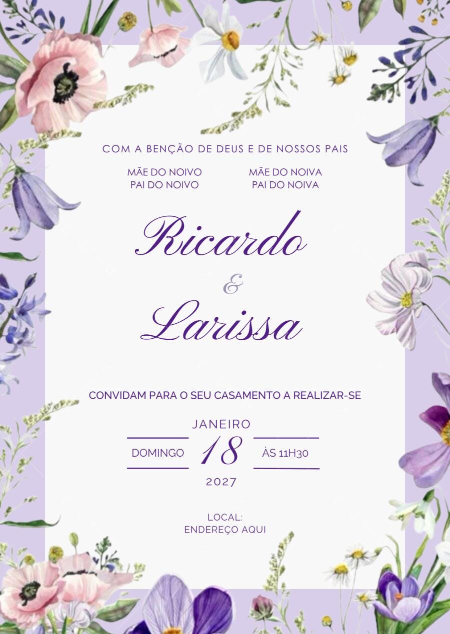 Convite Casamento Floral Lavanda Rosa Editável