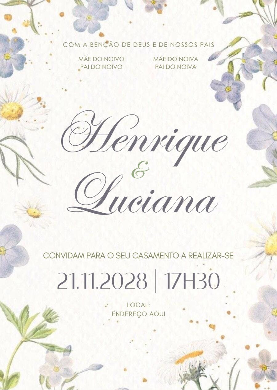 Convite Casamento Floral Azul Margaridas Editável