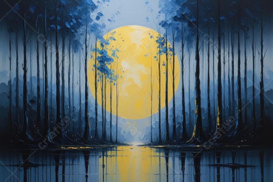Pintura Floresta Noturna Lua Cheia Amarela Abstrata