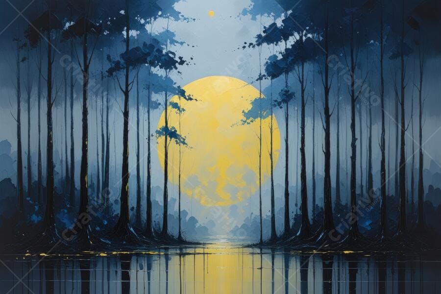 Ilustração Floresta Noturna Lua Cheia Árvores Azuis Reflexo Água