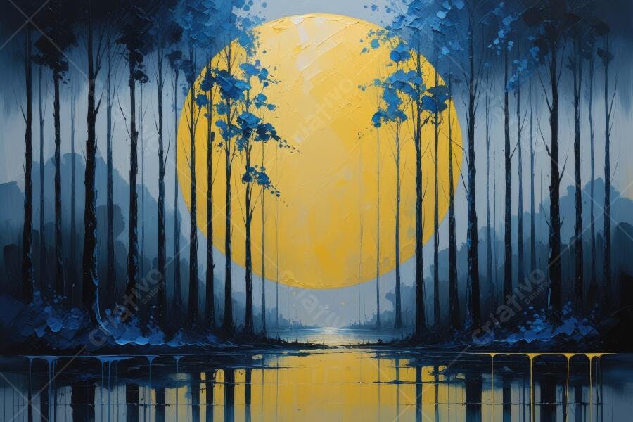 Pintura Floresta Noturna Lua Cheia Azul e Amarelo