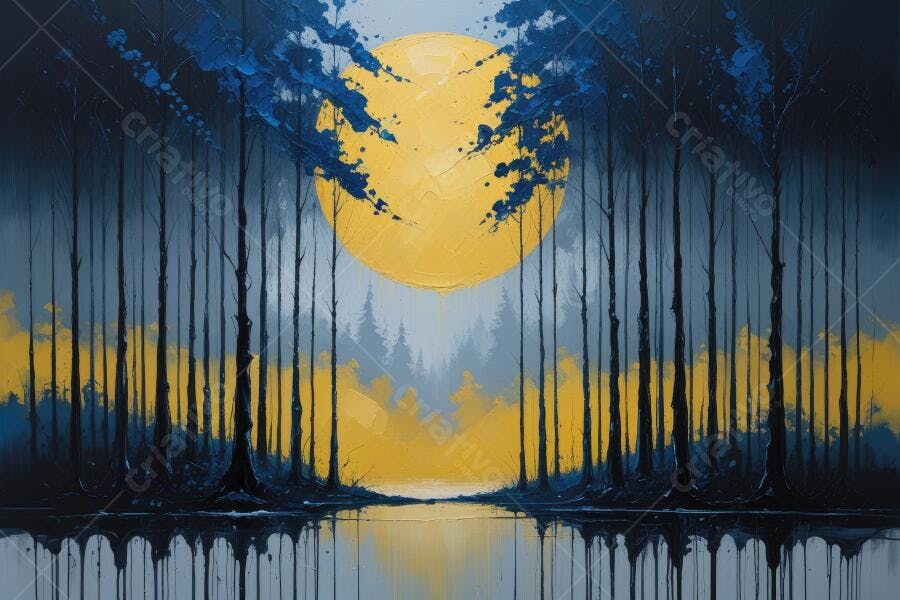 Pintura Floresta Abstrata Lua Cheia Azul Amarelo Reflexo Água