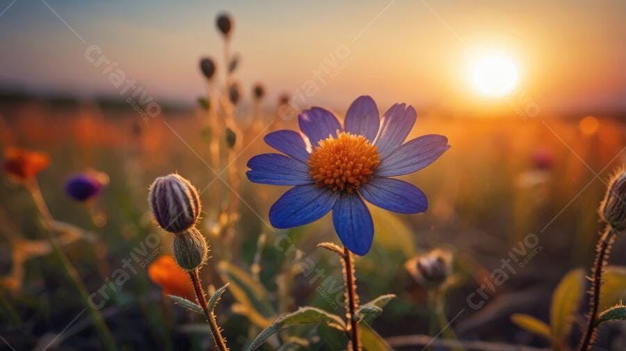 Foto Flor Azul Campo Pôr do Sol Dourado Natureza