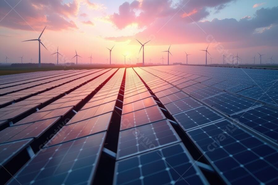 Foto Painéis Solares e Turbinas Eólicas Pôr do Sol Energia Limpa