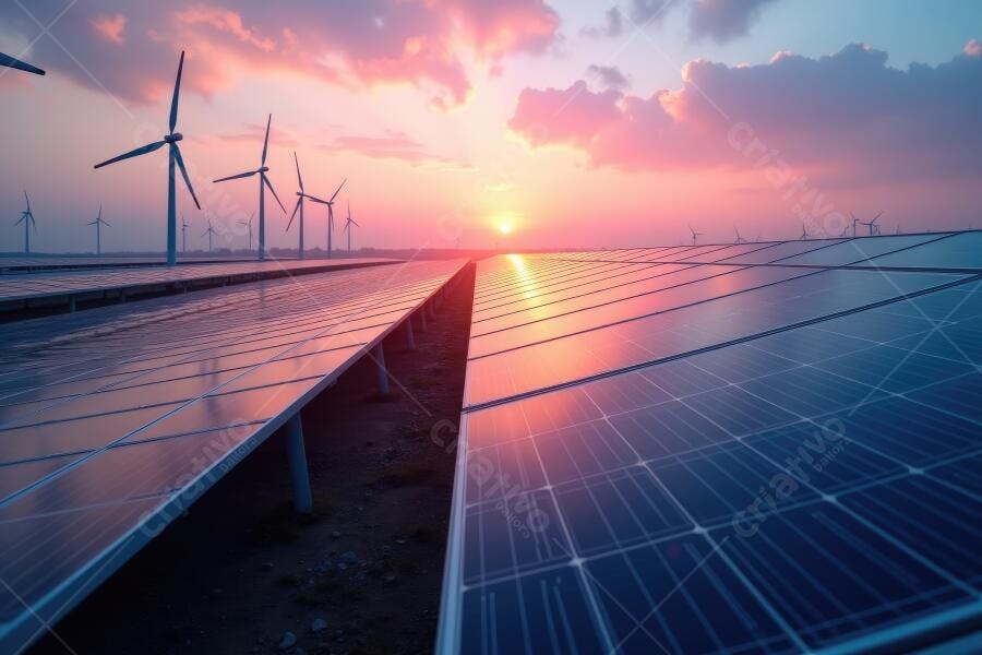 Foto Painéis Solares e Torres Eólicas Pôr do Sol Energia Limpa