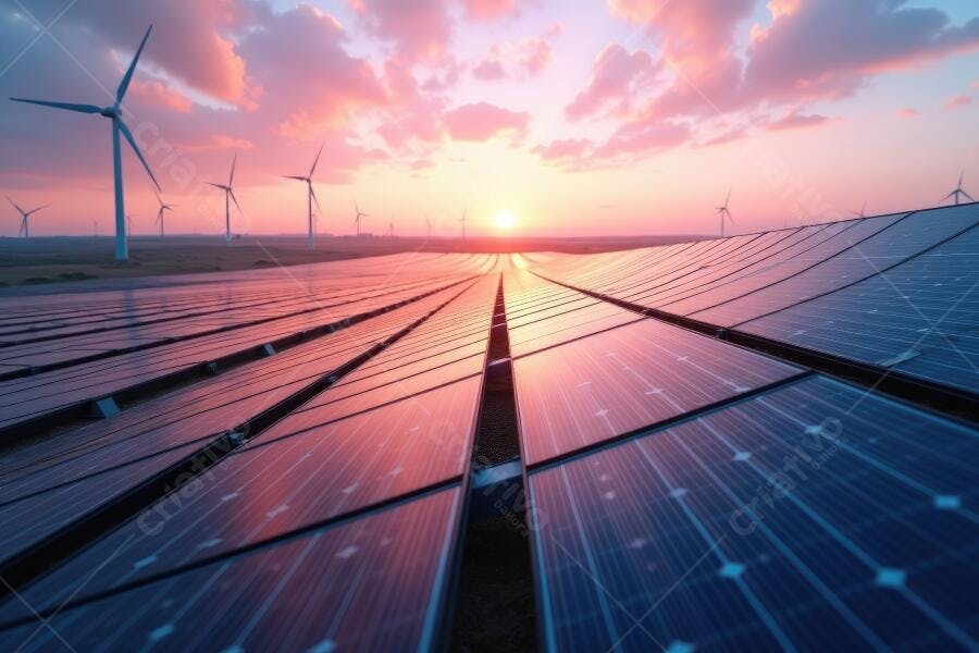 Foto Painéis Solares e Torres Eólicas Pôr do Sol Energia Limpa