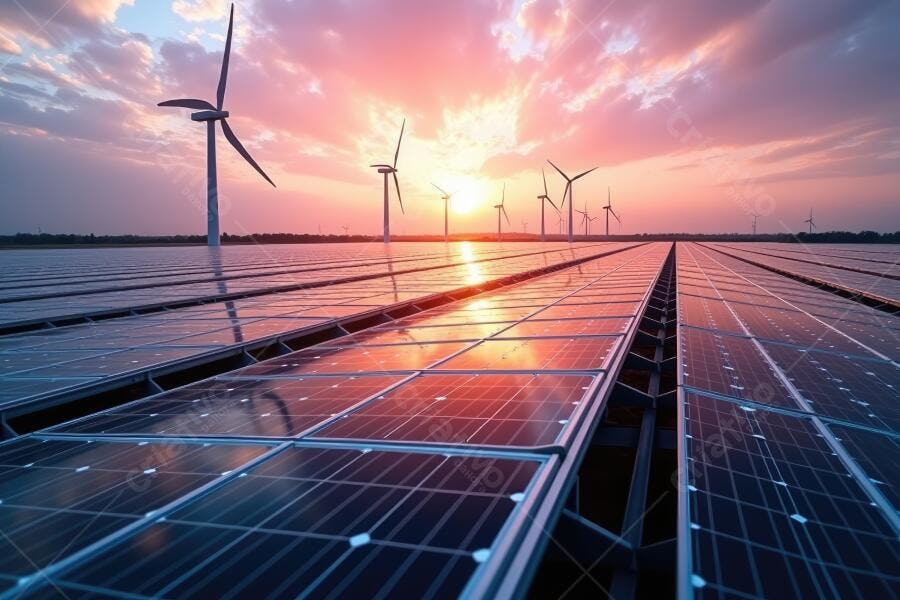 Foto Painéis Solares e Turbinas Eólicas Pôr do Sol Energia Limpa