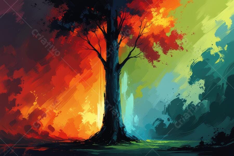 Árvore da Vida Estilo Aquarela Cores Quentes e Frias