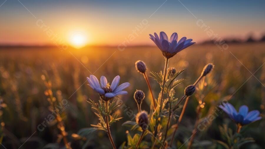 Foto Flores Roxas Campo Pôr do Sol Dourado Natureza