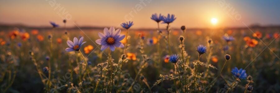Foto Campo de Flores ao Pôr do Sol Iluminação Dourada