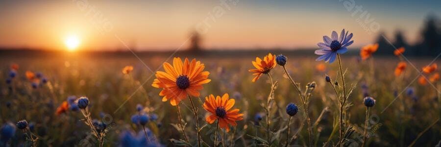 Foto Campo de Flores ao Pôr do Sol com Luz Dourada