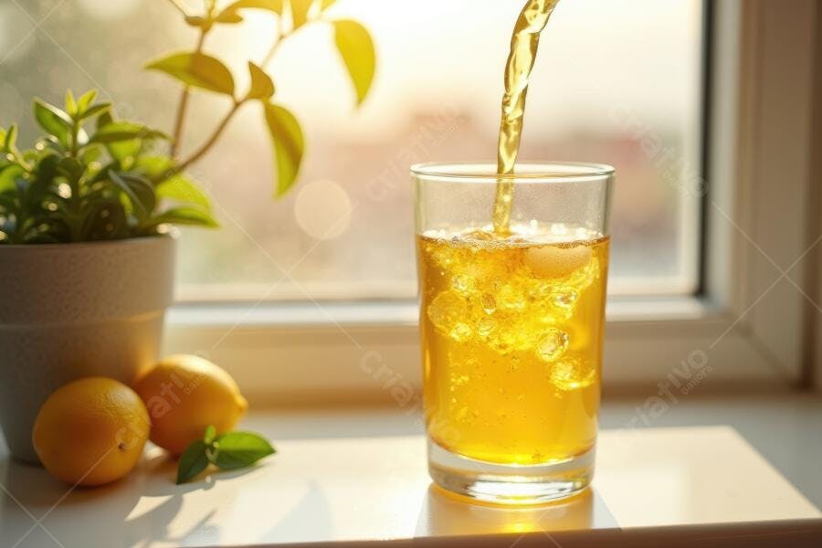 Foto Suco de Laranja Sendo Servido Copo Vidro Luz Natural