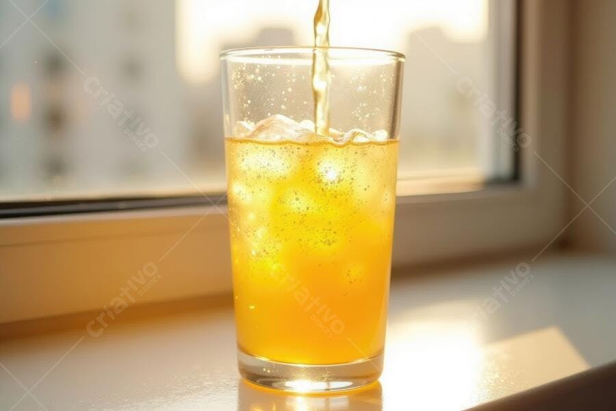 Foto Suco de Laranja com Gelo Sendo Servido Janela Ensolarada