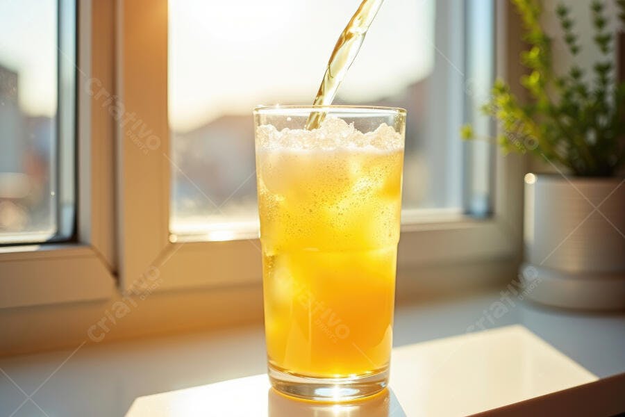 Foto Suco Laranja Gelado Copo Janela Luz Solar Verão