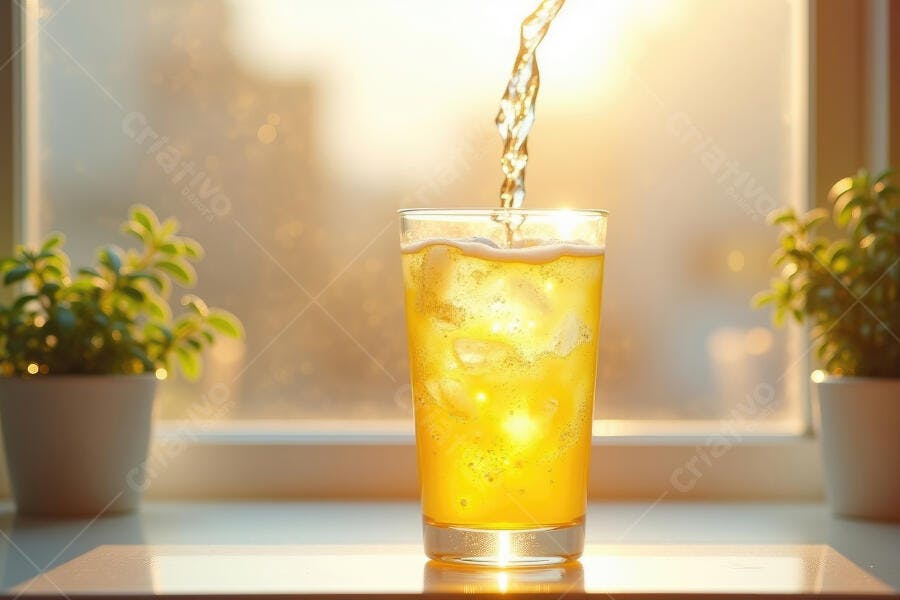 Foto Bebida Refrescante Suco Laranja Gelo Luz Dourada