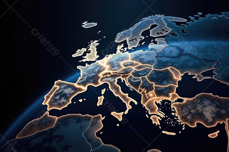 Foto Mapa da Europa Iluminado Visão Noturna Espaço