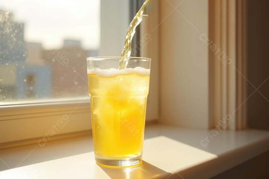 Foto Copo de Suco Laranja Sendo Servido Janela Luz Natural
