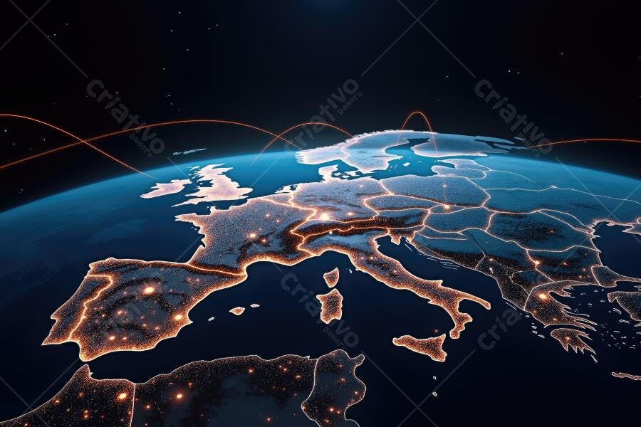 Foto Mapa da Europa Iluminado Conexões Globais Noite