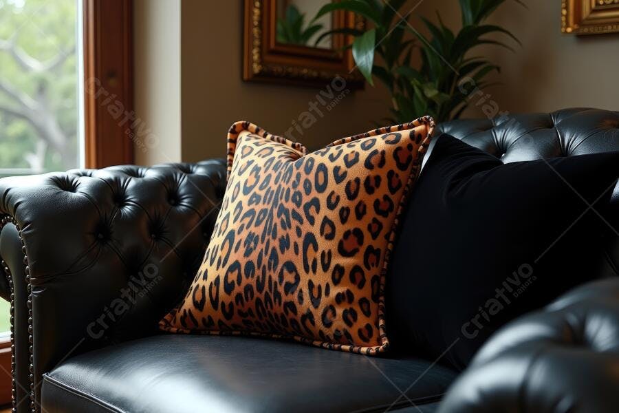 Foto Almofada Estampa Onça Sofá Couro Preto Decoração Luxo