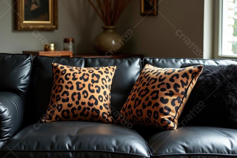 Foto Almofadas Estampa Onça Sofá Couro Preto Decoração Sala