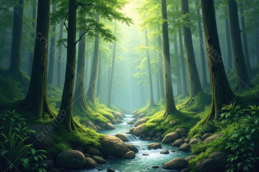 Foto Floresta Encantada Rio e Árvores Verdes Luz Solar