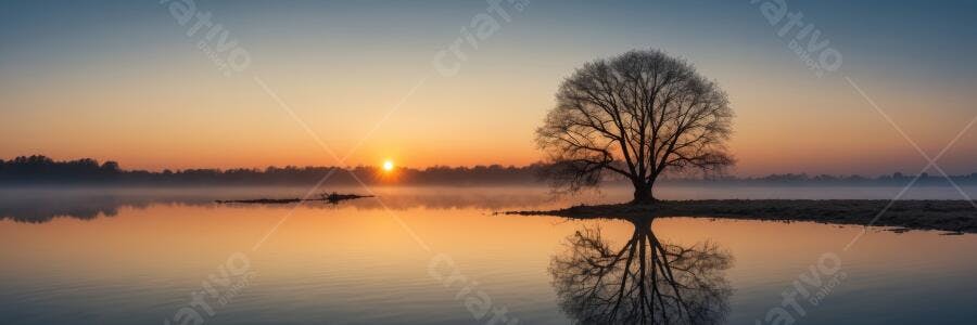 Foto Árvore Solitária Refletida Lago Amanhecer Névoa